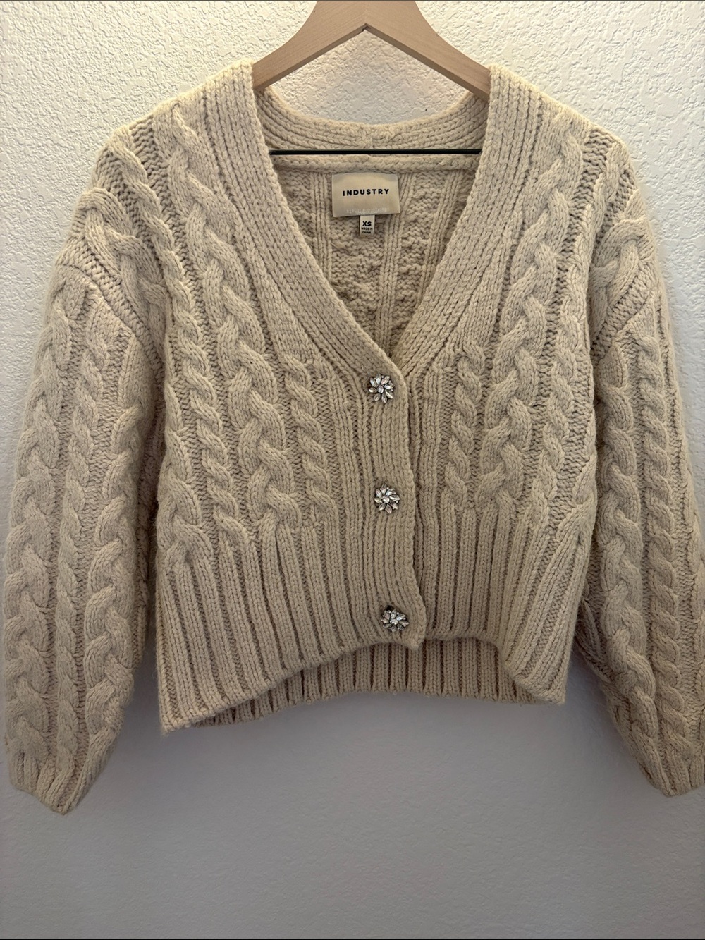 Industry Cream Cable Knit V-Neck Cropped Cardigan with Jeweled Buttons